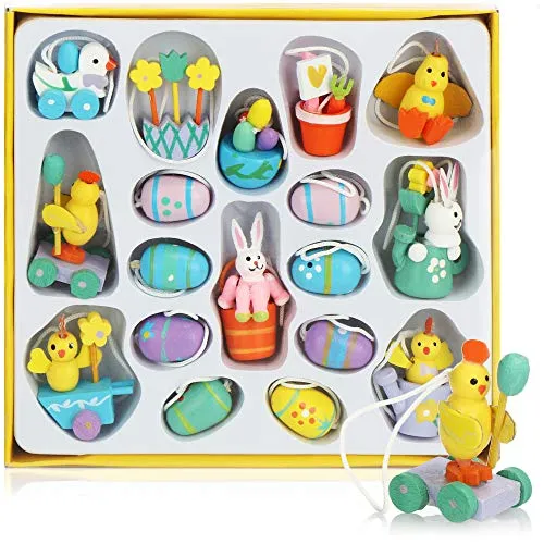 com-four® 18-teiliges Set Holzfiguren Ostern bis 4 cm - Osterschmuck aus Holz - Holzfiguren für den Osterstrauch zum Anhängen (18 Anhänger bunt)