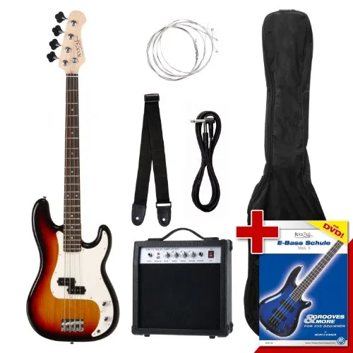 Rocktile Groover's Pack PB E-Bass Komplettset Sunburst - Gitarren Set mit E-Bass, Verstärker und praktischer Tasche. Ideal für Einsteiger mit umfassendem Zubehör und einer E-Bass-Schule inklusive DVD.