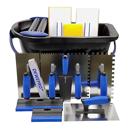 DEWEPRO® Premium Fliesenwaschset XL - 16-teilig - Glättekellen Set für professionelle Fliesenleger, inklusive 24L Waschbox mit robustem Gittereinsatz und gelochten Doppelrollen für effiziente Reinigung.