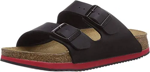 Birkenstock Sandale Arizona Superlauf, Birko-Flor, schwarz/rot - Bequeme Pantolette mit schmaler Schuhweite, ideal für den täglichen Einsatz in der Arbeits- & Schutzkleidung.