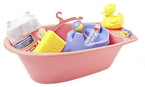 Vedes Puppen-Badewanne mit Zubehör ca. 40cm 914 - Puppenbadewannenset mit umfangreichem Zubehör, ideal für kleine Puppeneltern. Erhältlich in zwei Farben, rosa und blau, für noch mehr Spielspaß.