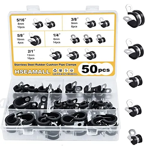 HSEAMALL 50 STÜCKE Kabelklemme Edelstahl Gummi Gefüttert P clips Schlauchschellen 5 Größe Metalldraht Kabelklemme Kit