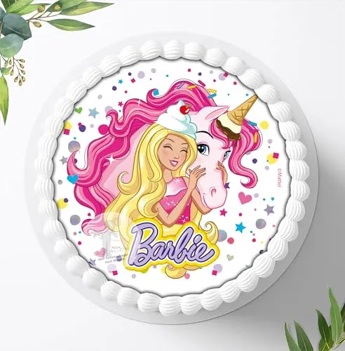Für den Geburtstag ein Zuckerbild, Oblate mit dem Motiv: Einhorn, Barbie zum selbst ausschneiden, Essbares Foto für Torten, Tortenbild, Tortenaufleger Ø 20 cm 00043-E (Oblatenpapier)