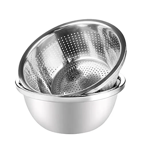 Linkidea 304 Edelstahl-Sieb mit Schüssel, 2er-Set, Küchensieb, Waschmaschinen-Abtropfgestell mit Becken für Gemüse, Obst, Pasta, Salat, Lebensmittelzubereitung, strapazierfähig und Spülmaschine