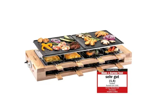 KLAMER Raclette 8 Personen - 1500W Tischgrill mit Holzgestell, antihaftbeschichtete Grillplatte für stressfreies Grillvergnügen
