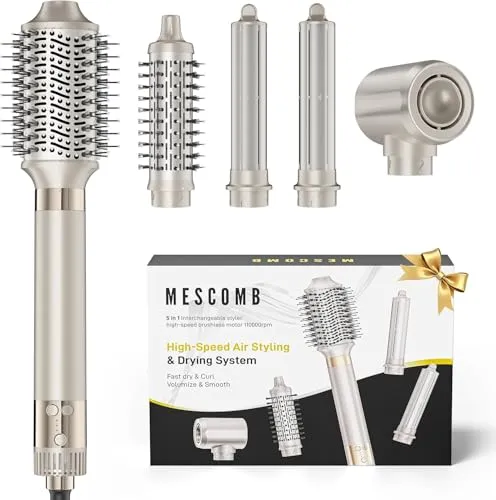 MESCOMB 5 in 1 Airstyler & Hairstyler Set – Ionen Föhn, Auto Lockenstab & Volumenbürste – Schnelltrocknend，Styling für Locken, Volumen & Glätten ohne Hitzeschäden | Leicht & Ideal für Zuhause