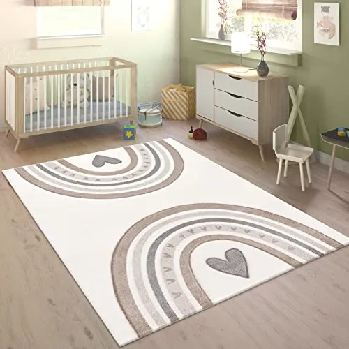 Paco Home Kinderteppich Creme 200x290 cm - Teppiche für Kinderzimmer, strapazierfähig und pflegeleicht, ideal als weiche Spielunterlage mit einem fröhlichen Regenbogenmotiv