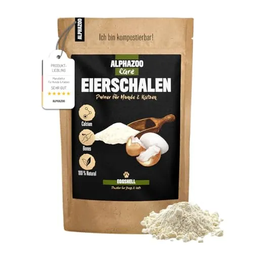 alphazoo Eierschalenpulver Hund & Katze 250g I Calcium hochdosiert aus Eierschale für Knochen, Zähne & Wachstum I Natürliches Kalzium für Hundewelpen & Kitten I Natürlicher, Reiner Barf-Zusatz