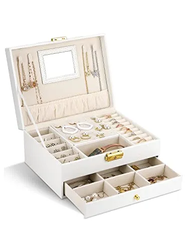 NCKIHRKK Schmuckaufbewahrung Damen Mädchen, 2 Ebenen Schmuckkästchen groß mit Schubladen, Schmuckkiste PU Leder, Jewelry Schmuck Organizer Schmuckschatulle für Ringe, Halsketten, Uhren, Ohrring, Weiß