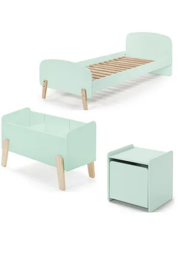aufm Kessel Jugendzimmer-Set Karilynn 3-teilig - Praktisches Kinderzimmer Set mit Einzelbett (90x200 cm), Nachtkonsole und Spielkiste. Hochwertiges MDF in mintgrün, Retro-Optik mit gerundeten Kopf- und Fußteilen. Ideal für stilvolle und funktionale Kinderzimmergestaltung.