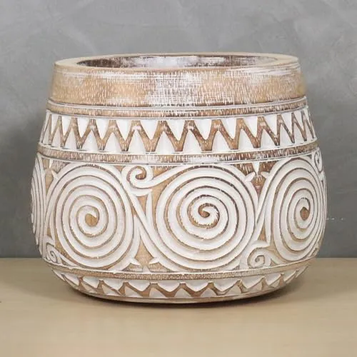 Oriental Galerie Vase Topf Kübel Blumen Pflanzen Holz Deko Holzkübel Unikat Weiß Whitewash 20 cm Ø