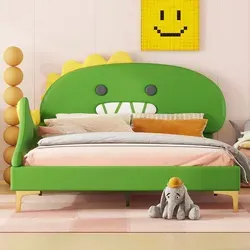 Ulife Kinderbett in Cartoon-Dinosaurierform, 140×200cm, PU, Grün - Grün