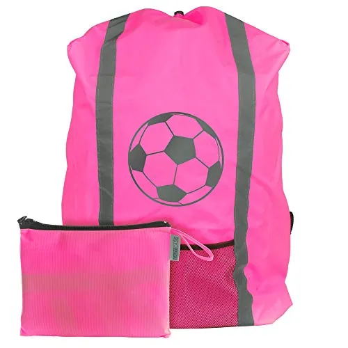 EAZY CASE Rucksack Schulranzen Regenschutz, Schutzhülle mit Reflektorstreifen, Regenüberzug, Regenschutzhülle wasserabweisend mit Reflektor und Tasche, mehr Sicherheit im Straßenverkehr, Fußball Pink