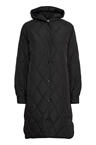 ICHI IHHANSA JA Damen Steppmantel Wintermantel Winterjacke Steppmantel mit Druckknöpfen und Kapuze, Größe:L, Farbe:Black (194008)