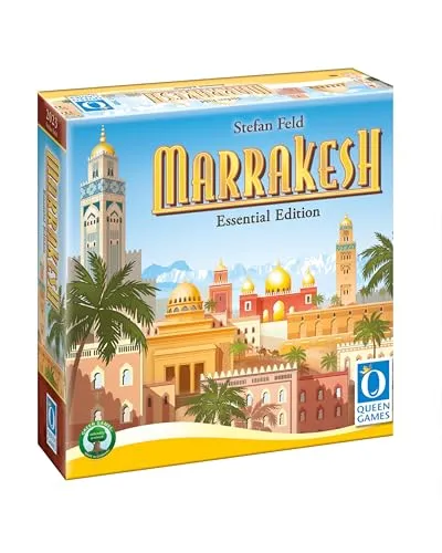 Queen Games Spiel Marrakesh Essential Edition - Strategie-Gesellschaftsspiel für 2-4 Spieler, Spieldauer 90-120 Minuten. Hergestellt in Europa, bietet es ein fesselndes Spielerlebnis mit zahlreichen Komponenten.