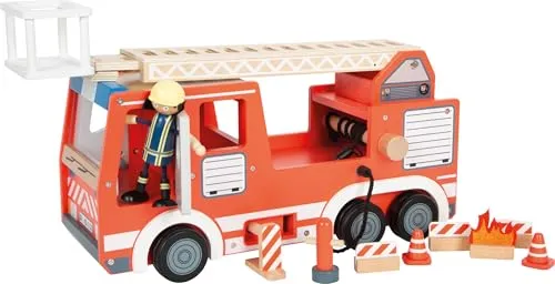 small foot 12657 - Feuerwehrauto - Spielzeug Feuerwehrauto aus Holz mit drehbarer Leiter und umfangreichem Zubehör für kreative Rollenspiele. Ideal für kleine Feuerwehrmann-Fans und fördert die Fantasie!