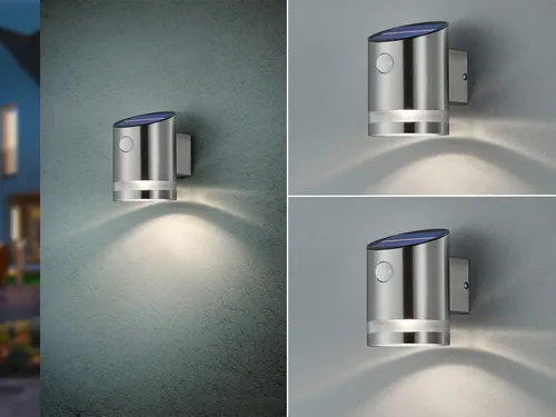 2er-Set Solar Außenwandleuchten mit Bewegungsmelder - Edelstahl und Kunststoff - Lampen mit Bewegungsmelder und IP44 Schutz, ideal für den Außenbereich. Jede Leuchte hat 3 Watt LED, 165 Lumen und warmweißes Licht für Sicherheit und Atmosphäre.