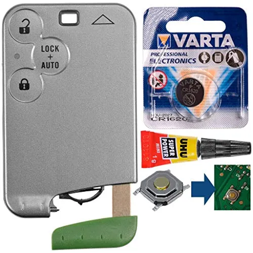 Repair Reparatur Satz Autoschlüssel Karte Smartkey Fernbedienung Austausch Gehäuse mit 3 Tasten + Notschlüssel Rohling + Drucktaste + Batterie kompatibel mit Renault Laguna 2 Espace 4 Vel Satis