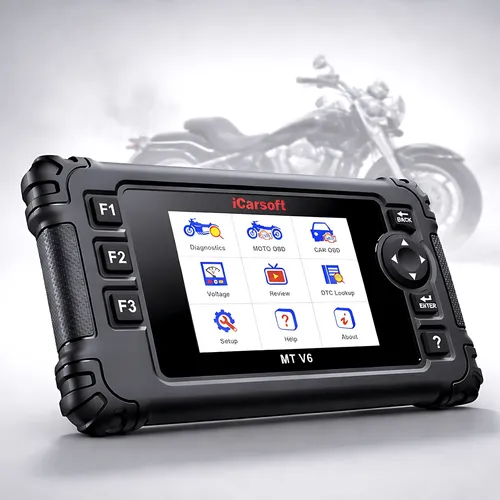OBD2 Diagnosegerät Scanner iCarsoft MT V6 für Harley Motorräder - Praktisches Diagnosegerät für Harley Motorräder, inklusive Adapter und Update. Ideal zur schnellen Fehlersuche und optimalen Fahrzeugpflege.