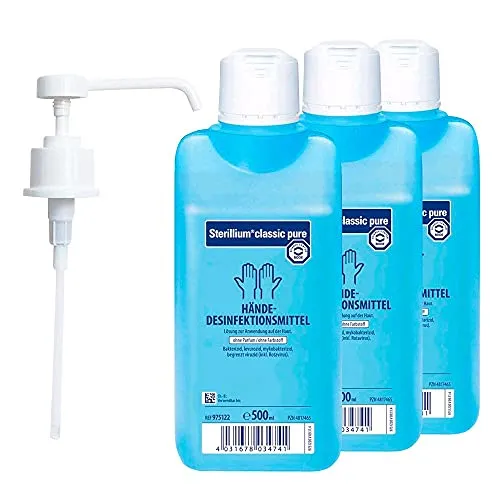 Medicalcorner24 Bode Sterillium Classic Pure Händedesinfektionsmittel, 3x 500ml, inkl. 1x Bode Dosierpumpe für 500ml Flaschen