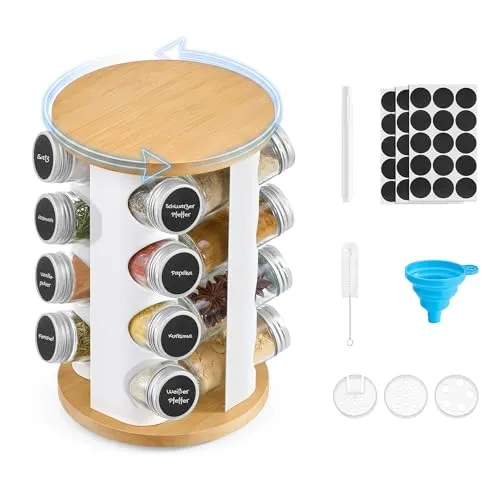 SONGMICS Gewürzregal drehbar, 16 Gewürzgläser, Gewürz-Organizer | Küchenschrank-Organizer, mit Etiketten, Trichter, Marker und Bürste, mattweiß-naturbeige, BYSTRO Kollektion, KCS256W101
