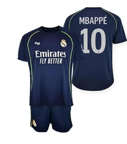 Real Madrid Kinder Set 25-26, Unisex - Offizielles Replik Set mit Trikot und Hose des Real Madrid Auswärtstrikots Mbappé #10, aus atmungsaktivem Polyester für besten Komfort und Leistung beim Sport.