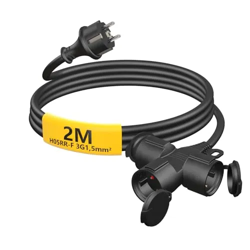 HUARUI Verlängerungskabel Outdoor 2m mit 3 Schuko-Steckdosen, Gummi Verlängerung 3500W mit Schutzkappe für den Außenbereich IP44, Stromkabel H05RR-F 3G1,5mm² mit 3-Fach Verteiler, 16A/250V, Schwarz