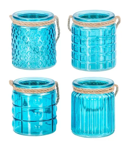 Levandeo® Teelichthalter, 4er Set Teelichthalter Glas H10cm Türkis Windlicht Tischdeko