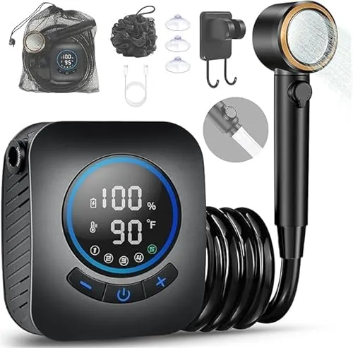 Spardar Camping Dusche, 8000 mAh Campingdusche mit Badekugel, Duschkopf und 2 m Schlauch, LED Camping Dusche mit Pumpe, Geeignet für Outdoor, Gartenarbeit, Autowäsche, Strandreisen und Haustiere
