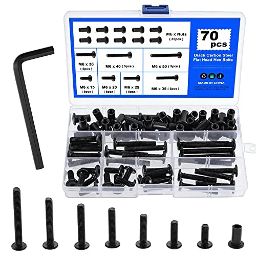 Faankiton 70 Stück Verbindungsschrauben M6x15-50mm Innensechskant Senkkopfschraube, Hülsenschrauben M6 für 8mm Loch, Karbonstahl Möbelverbinder Schrankverbinder, Innensechskant Schrauben Muttern