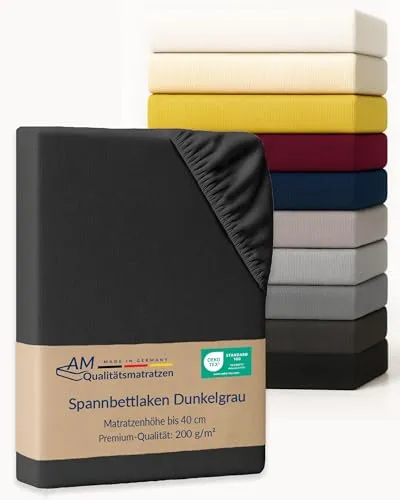 AM Qualitätsmatratzen Premium Spannbettlaken 180x200cm Boxspringbett (200gsm) in Dunkelgrau - Made in Germany - Oeko TEX zertifiziertes Spannbettlaken 200x220 Wasserbett - 40cm Steghöhe