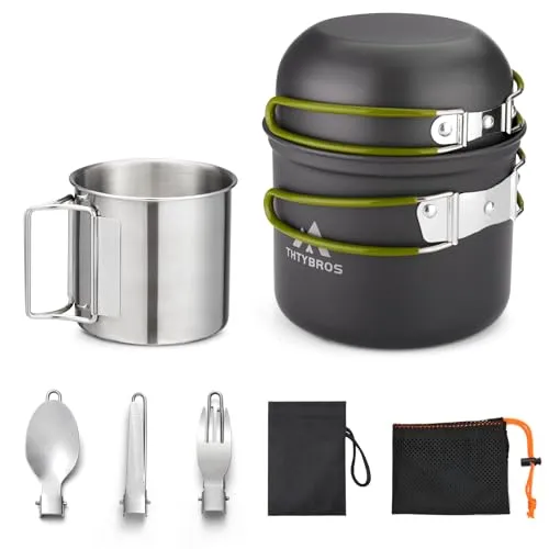 Outdoor Kochgeschirr Set Camping – Leichtes Trekking Kochset mit Topf, Pfanne & Edelstahlbecher