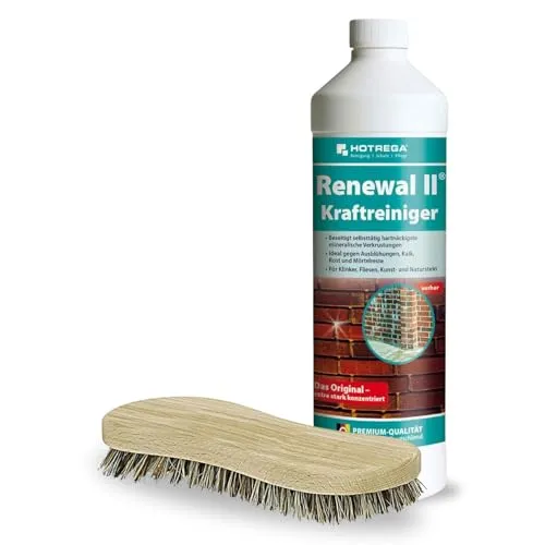 HOTREGA Kraftreiniger Renewal II 1 Liter mit Wurzelbürste - Reinigungsmittel für hartnäckige mineralische Verkrustungen, extrem starke Reinigungskraft und hohe Ergiebigkeit – bis zu 100 m² pro Liter!
