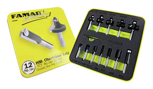 FAMAG HM-Fräsersatz 12-teilig in Blechbox, Sh 8 - Frässtifte Set mit 12 hochwertigen HM-Fräsern, ideal für präzise Holzarbeiten. In praktischer Blechbox für einfachen Transport und Aufbewahrung. Enthält verschiedene Fräser für vielseitige Anwendungen.