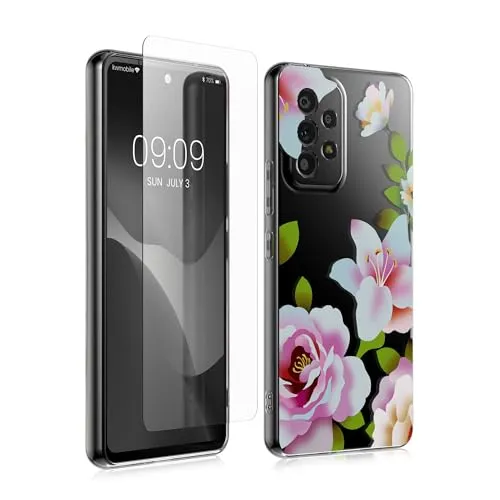 kwmobile Hülle kompatibel mit Samsung Galaxy A53 5G Handyhülle - Silikon Case transparent - Mit Glas Schutzfolie - Frühling Rosen Hellrosa Weiß Transparent