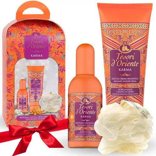 Tesori d'Oriente Karma Geschenkset – Duschgel, Eau de Toilette & Schwamm