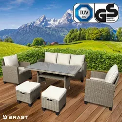 Polyrattan Garten Sitzgruppe DELIGHT-7 – Braun/Beige - Gartenmöbel-Set mit TÜV-zertifizierter Qualität, ideal für bis zu 7 Personen, robust und pflegeleicht. Hochwertiges Halbrundrattan und bequeme Kissen für perfekten Komfort im Freien.