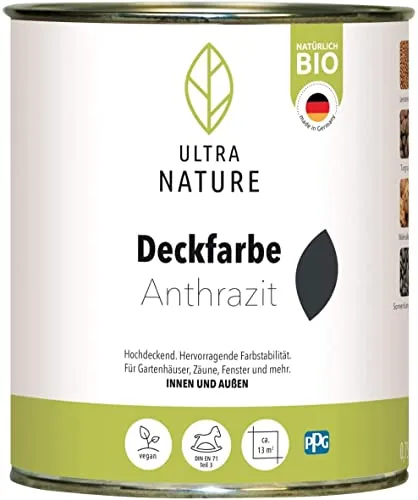 ULTRA NATURE Deckfarbe für Innen und Außen, 0,75L, Anthrazit, Vegan, Bio, Lösemittelfrei, UV-Schutz, Wetterschutz