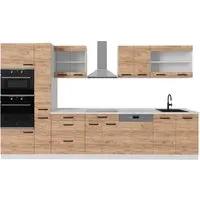 Vicco Küchenzeile R-Line, 350 cm in Goldkraft Eiche/Weiß - Küchenzeilen mit höhenverstellbaren Füßen für optimale Anpassung und viel Stauraum. Ideal für Ihre Traumküche, um Freunde und Familie zu beeindrucken.