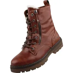 Mustang Damen Stiefelette gefüttert Braun - Wanderschuhe mit warmem Kunstfellfutter und coolem Nietenbesatz, ideal für modische Freizeitlooks und kalte Tage.