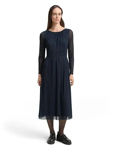 TOM TAILOR Midi-Meshkleid mit Muster in Blau (Größe S) - Elegantes Midi-Meshkleid für Damen, hergestellt aus 90% recyceltem Polyester, ideal für warme Tage. Pflegeleicht und stylisch für abwechslungsreiche Outfits.