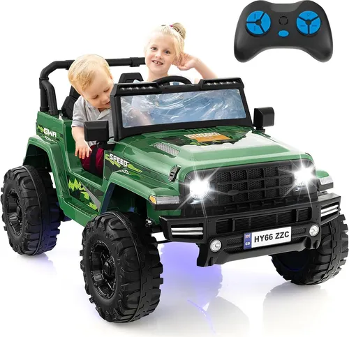 GOPLUS 24V Kinderauto mit 2,4G-Fernbedienung, Elektroauto mit MP3, Hupe, Musik und LED-Leuchten, Kinderfahrzeug 2 Sitzer mit All-Terrain Räder für Kinder ab 3 Jahre (Grün)