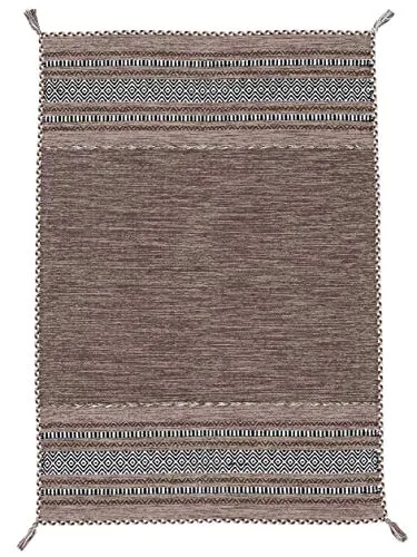 carpetfine Flachgewebeteppich Kelim Azizi Braun 60x110 cm | Moderner Teppich für Wohn- und Schlafzimmer