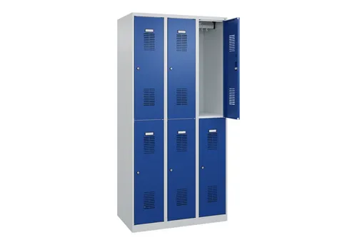CP-Möbel Spind Basis PLUS, blau, 3 Abteile - Büromöbel mit 3 Abteilen und 6 Fächern, ausgestattet mit Zylinderschloss für hohe Sicherheit. Stabile Stahlkonstruktion, ideal für Büros oder Gemeinschaftsräume.