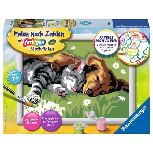 Ravensburger Malen nach Zahlen 28015 - Tiefer Schlaf für Kinder ab 7 Jahren, kreativer Malspaß mit Hund und Katze und inklusive Rahmen für die perfekte Dekoration