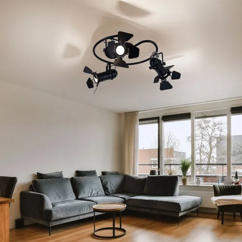 Schwenkbare Deckenleuchte 3-Flammig schwarz, Filmscheinwerfer-Design - Moderne Deckenlampe im Filmset-Stil mit 3 beweglichen GU10-Spots, ideal zur Akzentuierung in Wohnräumen. Hochwertiges Metall und verstellbare Klappen für individuelle Lichtgestaltung.