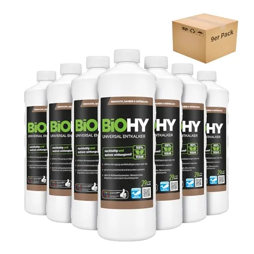 BiOHY Universal Entkalker (9 x 1 Liter) | Starker Kalklöser für Haushaltsgeräte - Spezialputzmittel zum effektiven Entkalken von Kaffeeautomaten, Wasserkochern und mehr. 100% vegan, biologisch abbaubar und umweltfreundlich – für ein reines Gewissen!