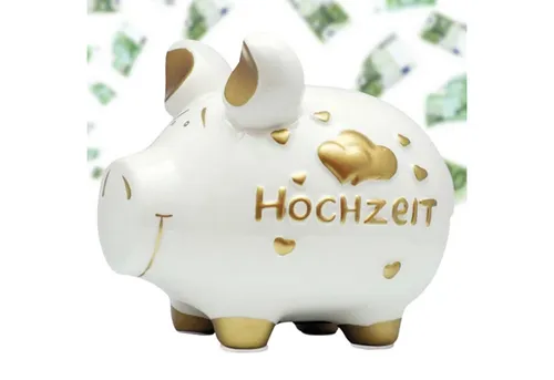 matches21 HOME & HOBBY Spardose Große Spardose Sparschwein HOCHZEIT weiß, gold 17 cm, Keramik Sparbüchse - Gummistopfen zum Öffnen