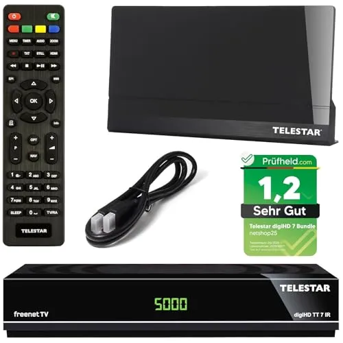 Telestar DVB-T2 Receiver + 3 Monate Freenet GRATIS + DVB-T Zimmerantenne +45 dbi + HDMI Kabel, HDTV, PVR Ready, HD USB Mediaplayer, HDMI (Hybrid Receiver für DVB-T2 und Kabel TV) netshop 25 Bundle Set