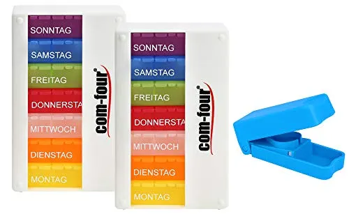 com-four® 2x Medikamentendosierer 7 Tage - BESSER LESBAR - Medikamenten-Box (Morgens, Mittags, Abends) - Pillendose - Tablettendose - Wochendosierer + Tablettenteiler (alpinweiß)
